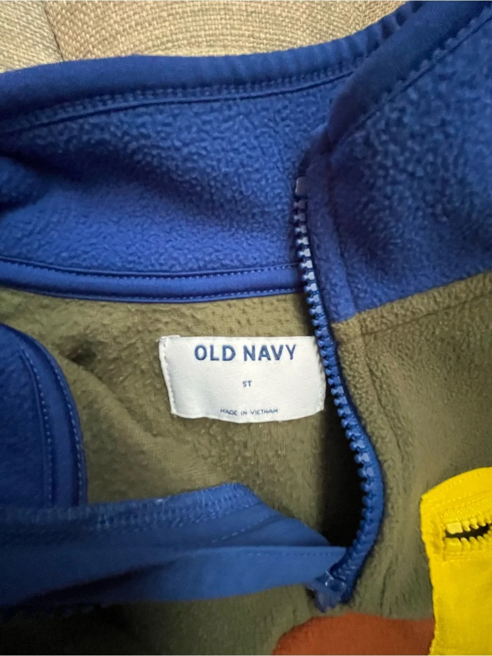 Old Navy Colorblock Zip-Up Fleece in Olive, Rust & Blue with Yellow Pocket